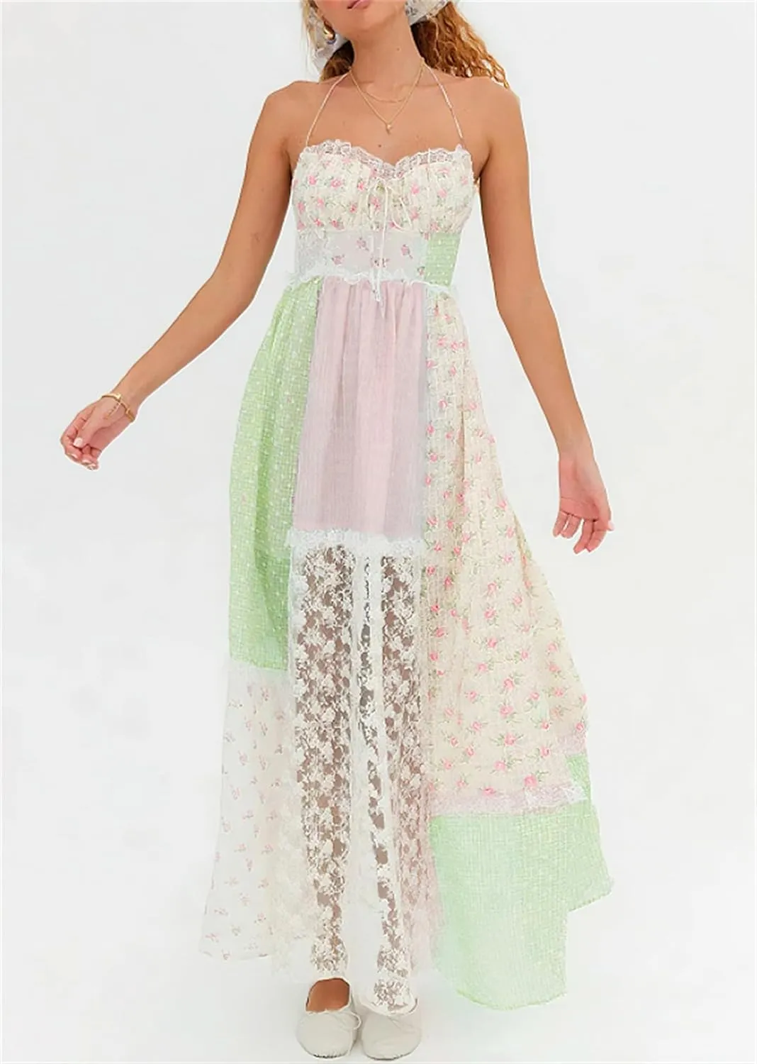 Women Tie Shoulder Boho Floral Maxi Dress Y2k Smocked Flowy Lace Sundress Spaghetti Strap Summer Long Beach Dress