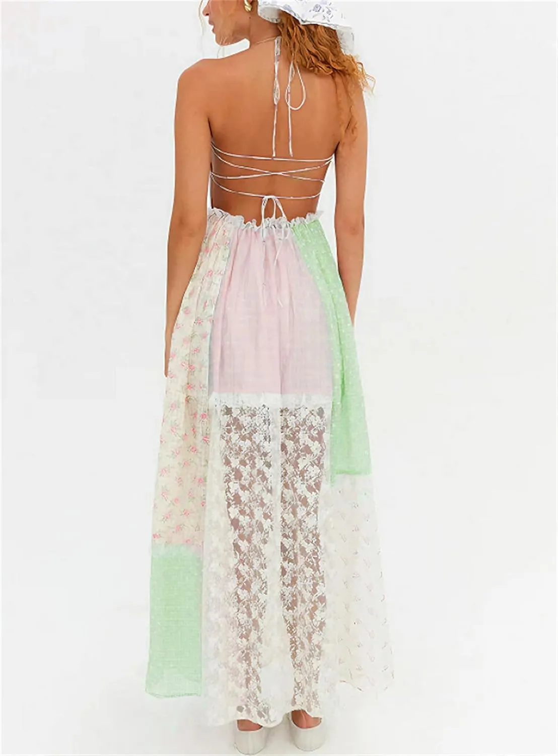 Women Tie Shoulder Boho Floral Maxi Dress Y2k Smocked Flowy Lace Sundress Spaghetti Strap Summer Long Beach Dress
