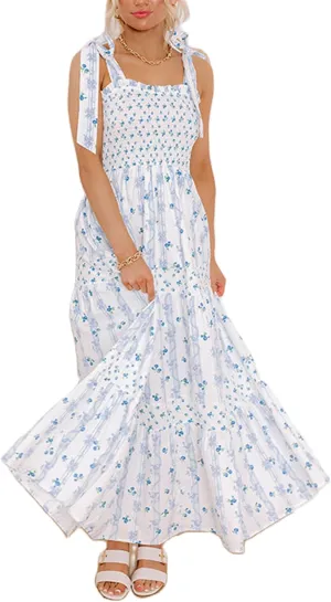 Women Tie Shoulder Boho Floral Maxi Dress Y2k Smocked Flowy Lace Sundress Spaghetti Strap Summer Long Beach Dress