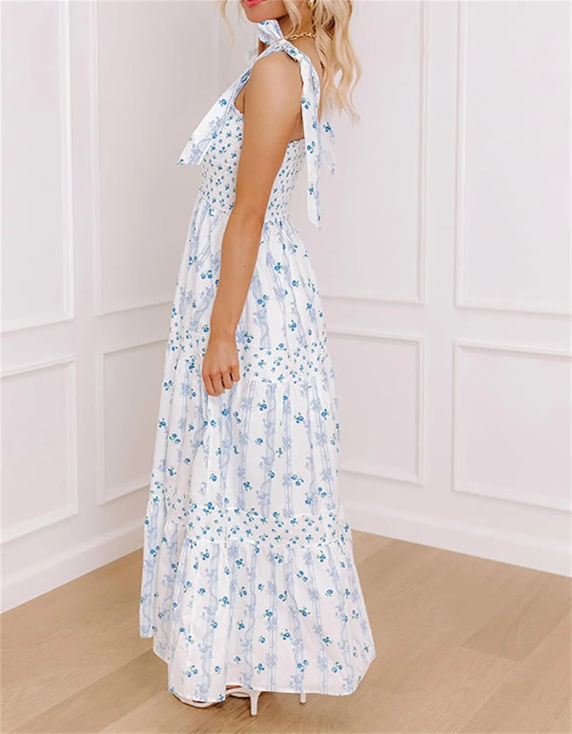 Women Tie Shoulder Boho Floral Maxi Dress Y2k Smocked Flowy Lace Sundress Spaghetti Strap Summer Long Beach Dress