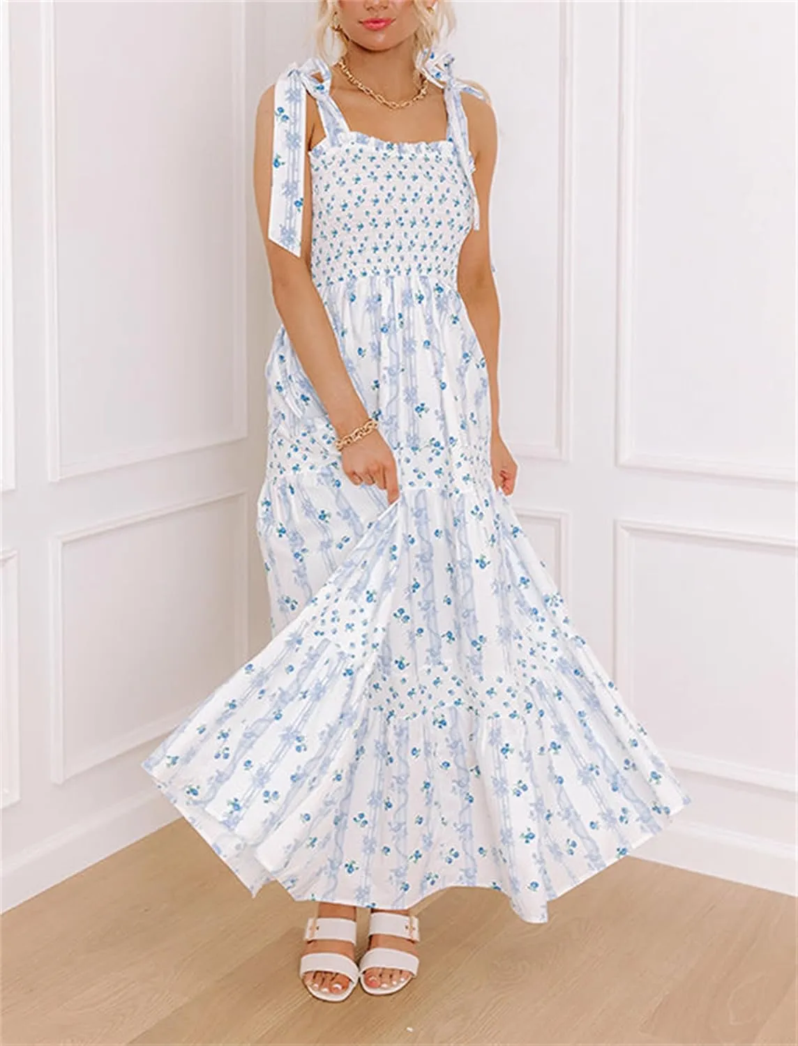 Women Tie Shoulder Boho Floral Maxi Dress Y2k Smocked Flowy Lace Sundress Spaghetti Strap Summer Long Beach Dress