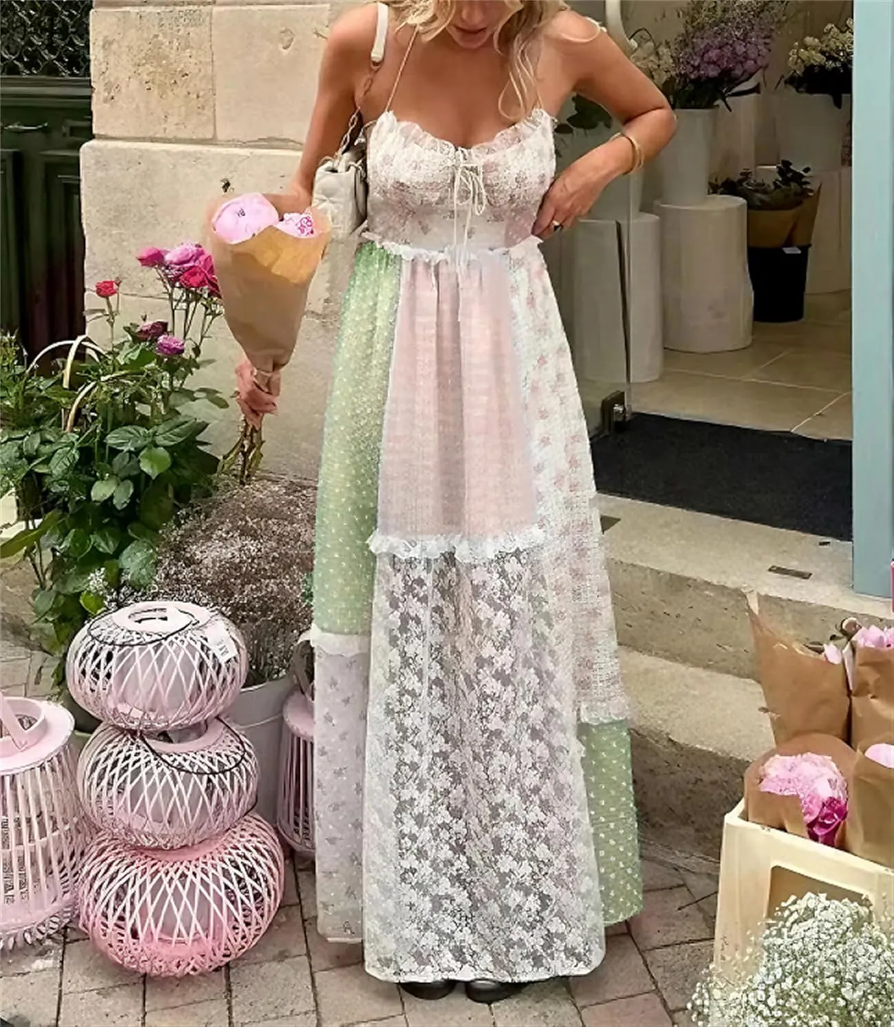 Women Tie Shoulder Boho Floral Maxi Dress Y2k Smocked Flowy Lace Sundress Spaghetti Strap Summer Long Beach Dress