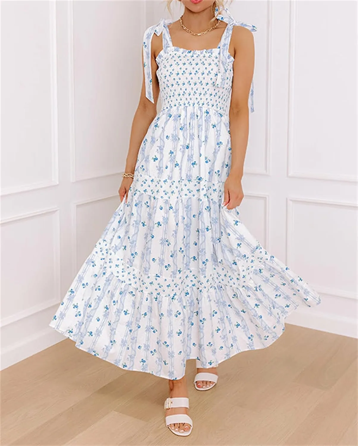 Women Tie Shoulder Boho Floral Maxi Dress Y2k Smocked Flowy Lace Sundress Spaghetti Strap Summer Long Beach Dress