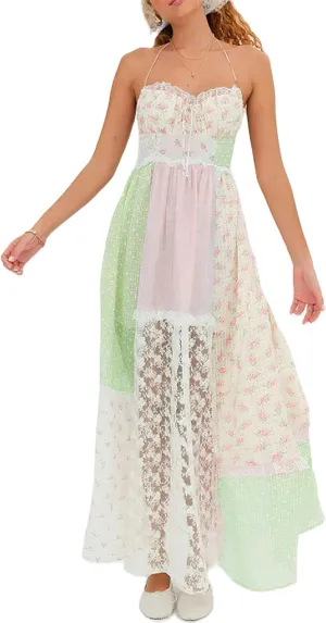 Women Tie Shoulder Boho Floral Maxi Dress Y2k Smocked Flowy Lace Sundress Spaghetti Strap Summer Long Beach Dress
