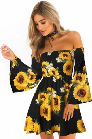 Women's Dress Summer Floral Long Sleeve Off Shoulder Casual Mini Dresses