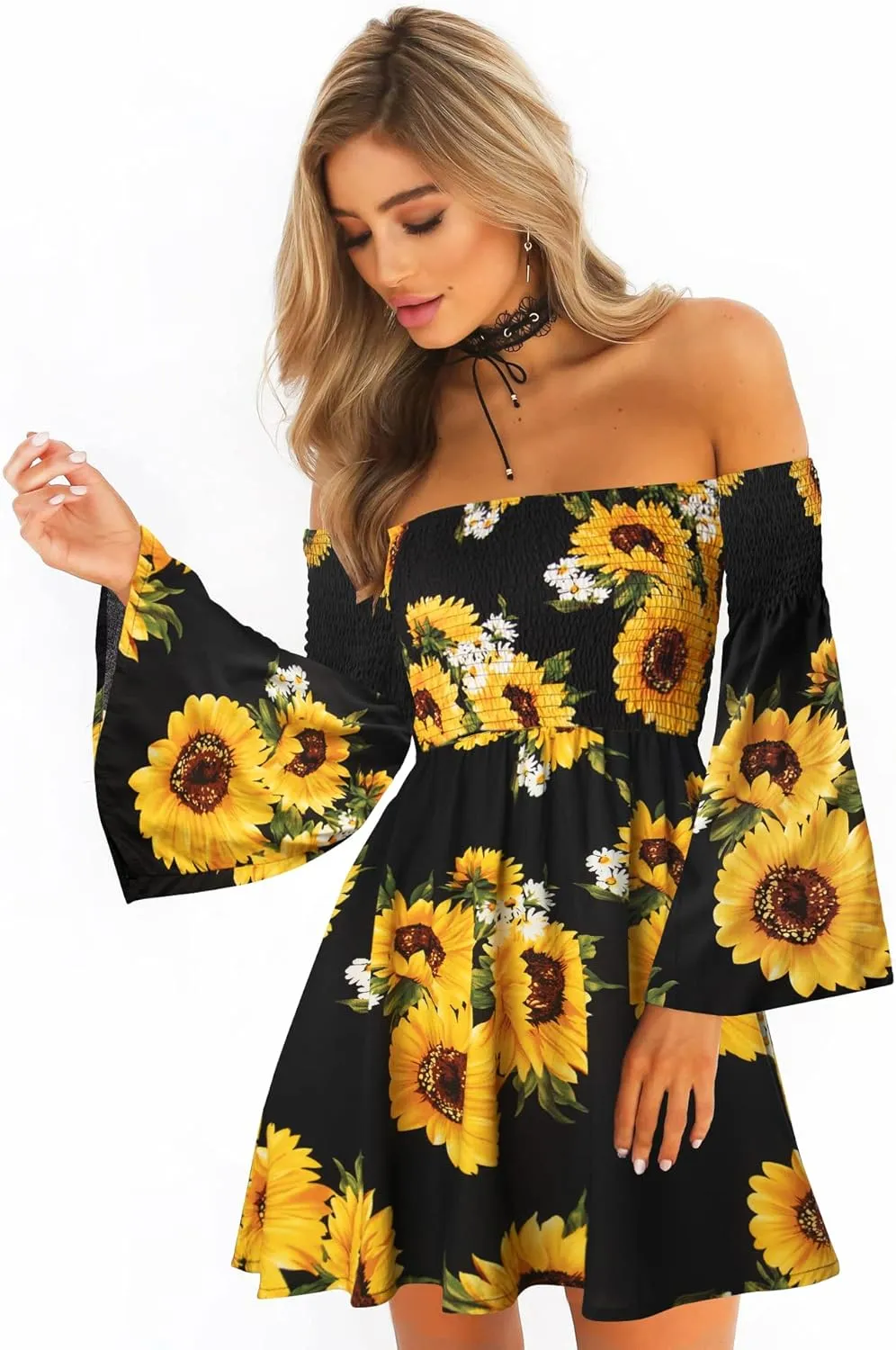 Women's Dress Summer Floral Long Sleeve Off Shoulder Casual Mini Dresses