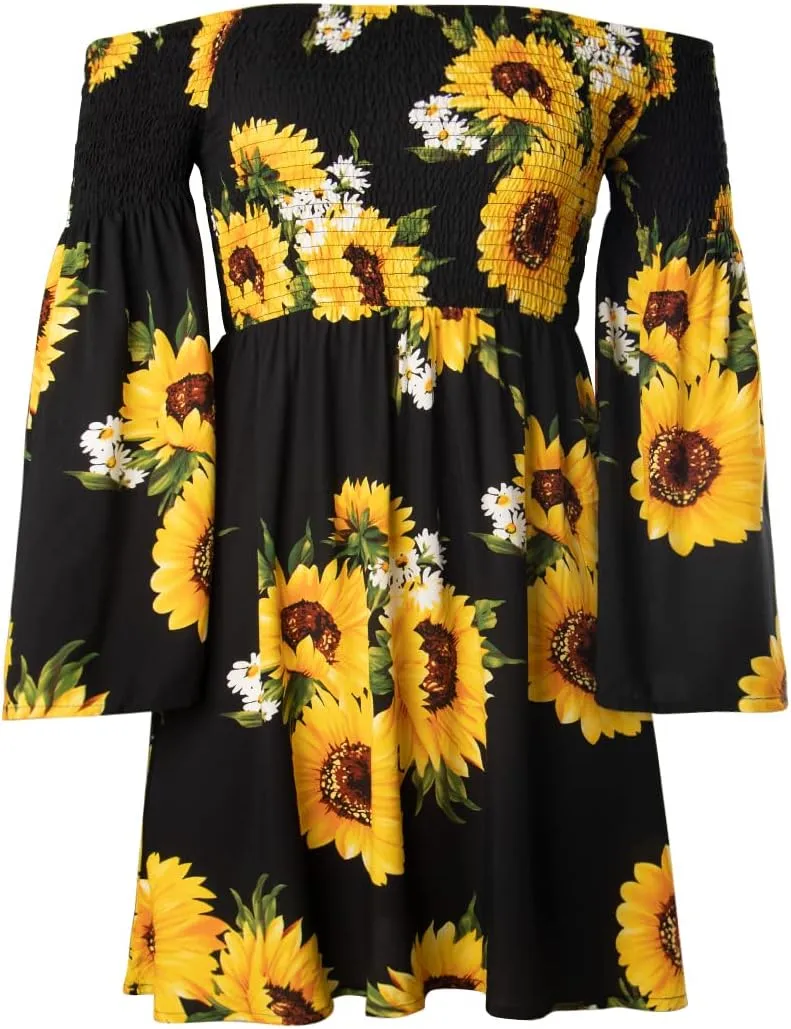Women's Dress Summer Floral Long Sleeve Off Shoulder Casual Mini Dresses