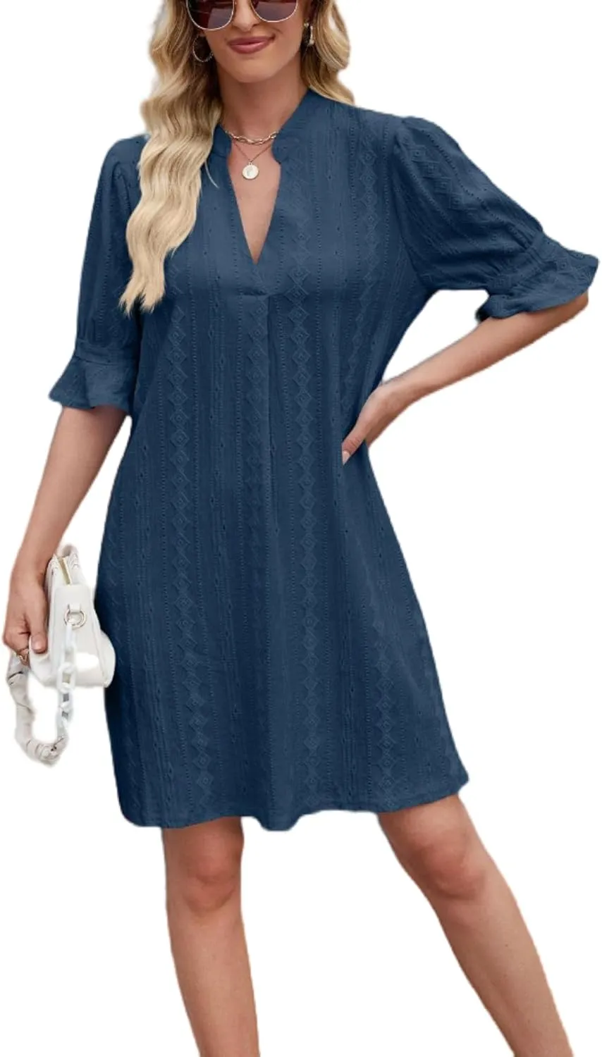 Women's Elegant Dresses, Bell Sleeves Solid Color Dress Lightweight Casual, Five Quarter Sleeve V Neck Loose Gowns