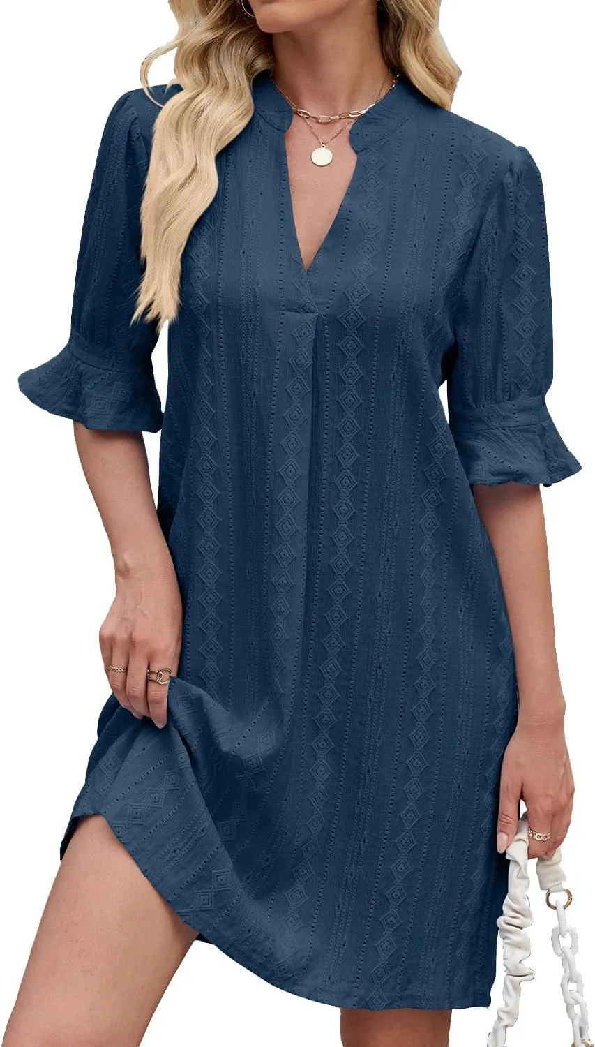 Women's Elegant Dresses, Bell Sleeves Solid Color Dress Lightweight Casual, Five Quarter Sleeve V Neck Loose Gowns