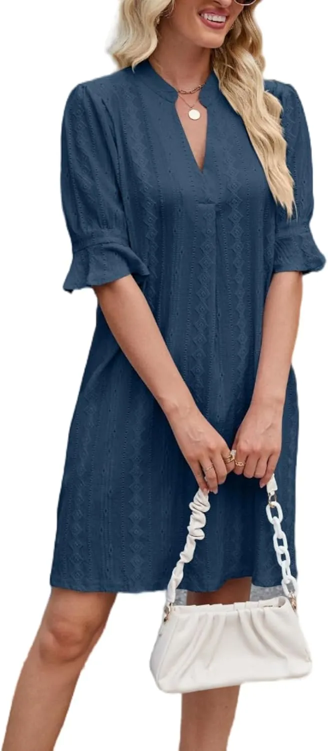 Women's Elegant Dresses, Bell Sleeves Solid Color Dress Lightweight Casual, Five Quarter Sleeve V Neck Loose Gowns