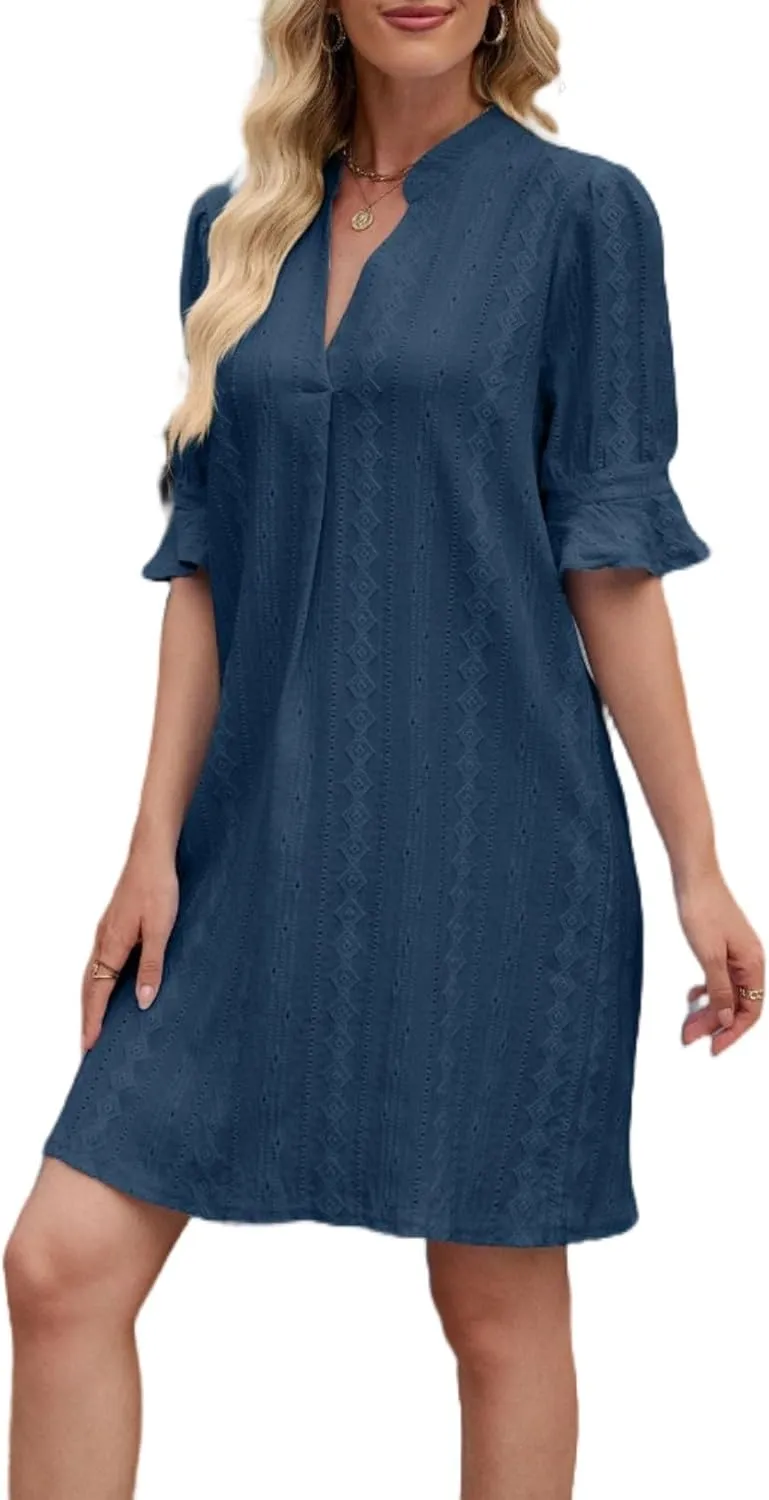 Women's Elegant Dresses, Bell Sleeves Solid Color Dress Lightweight Casual, Five Quarter Sleeve V Neck Loose Gowns