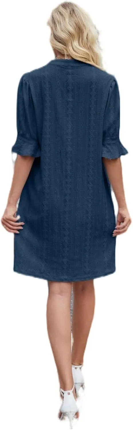 Women's Elegant Dresses, Bell Sleeves Solid Color Dress Lightweight Casual, Five Quarter Sleeve V Neck Loose Gowns