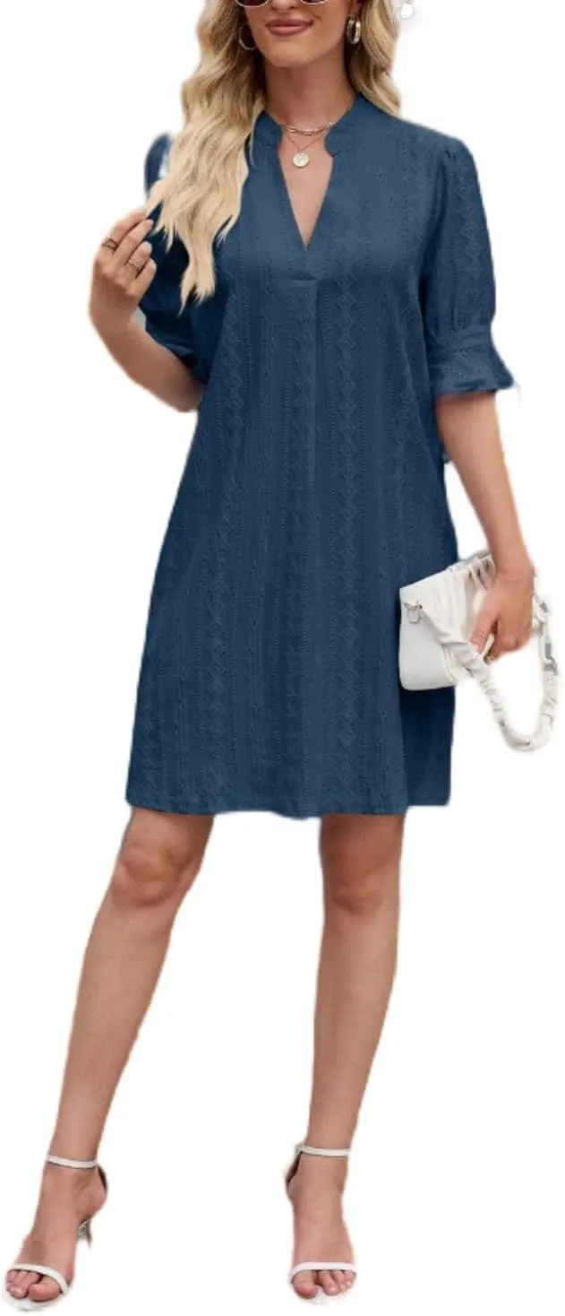 Women's Elegant Dresses, Bell Sleeves Solid Color Dress Lightweight Casual, Five Quarter Sleeve V Neck Loose Gowns