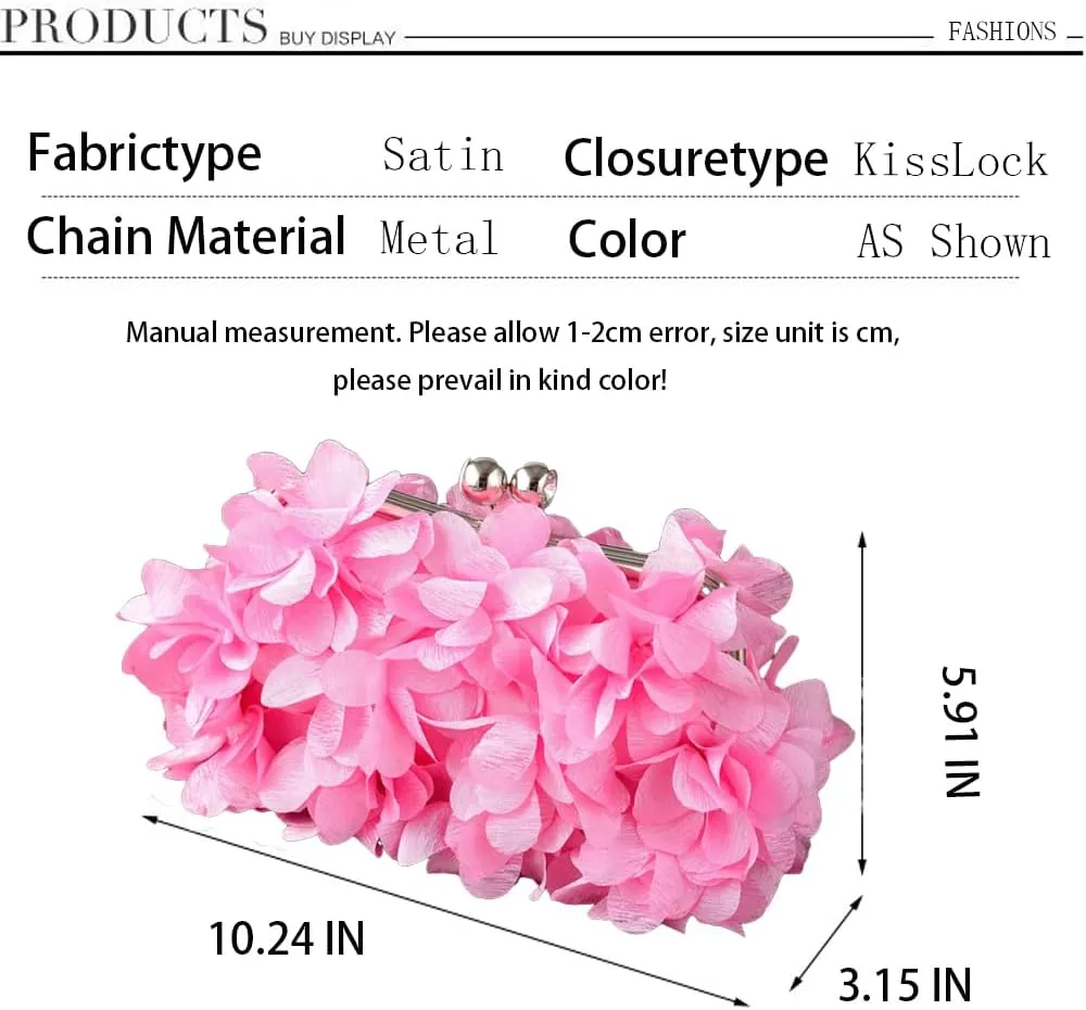 Women's Floral Satin Evening Clutch Bag with Detachable Metal Chain for Wedding, Party, Prom - Shoulder/Crossbody/Handheld