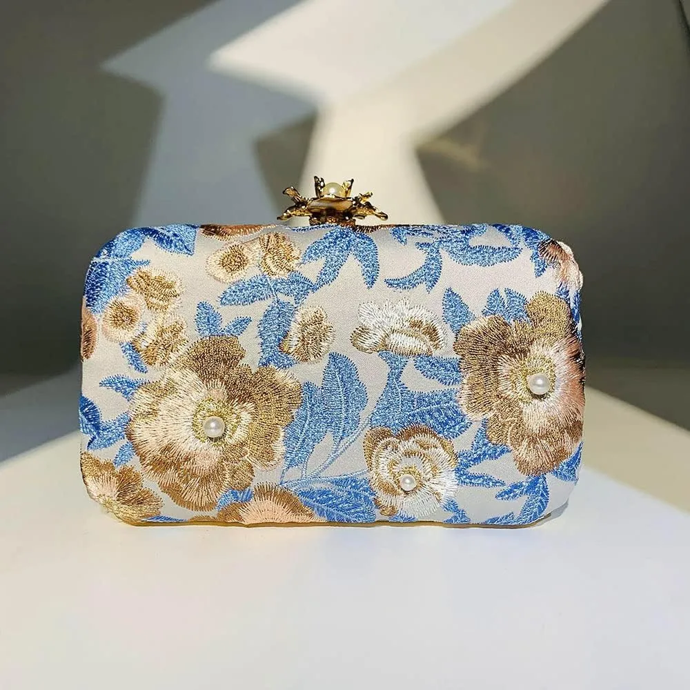 Womens Handmade Embroidery Beaded Evening Clutch Bag Vintage Pearls Handbag Purse for Wedding Prom Cocktail Party