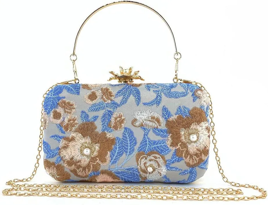 Womens Handmade Embroidery Beaded Evening Clutch Bag Vintage Pearls Handbag Purse for Wedding Prom Cocktail Party