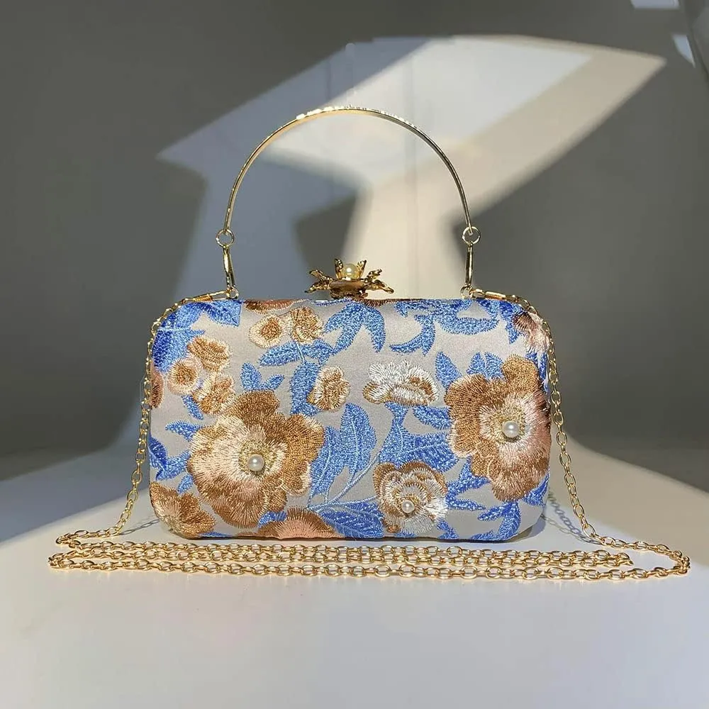Womens Handmade Embroidery Beaded Evening Clutch Bag Vintage Pearls Handbag Purse for Wedding Prom Cocktail Party