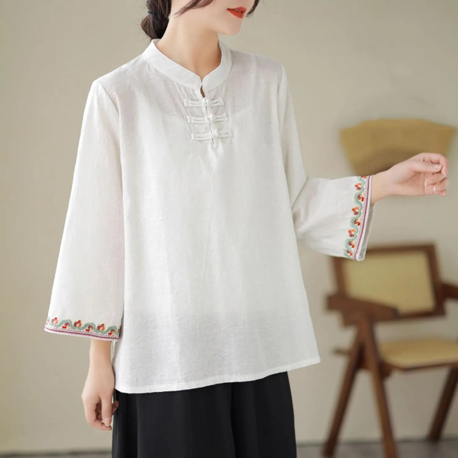 Women's Linen Retro Chinese Frog Button Tops Mandarin Collar Blouse Embroidery Long Sleeve Shirts Trendy