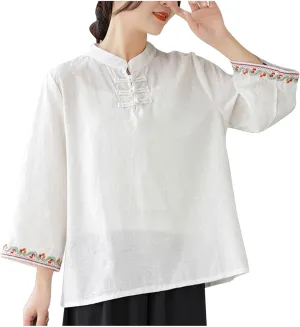 Women's Linen Retro Chinese Frog Button Tops Mandarin Collar Blouse Embroidery Long Sleeve Shirts Trendy