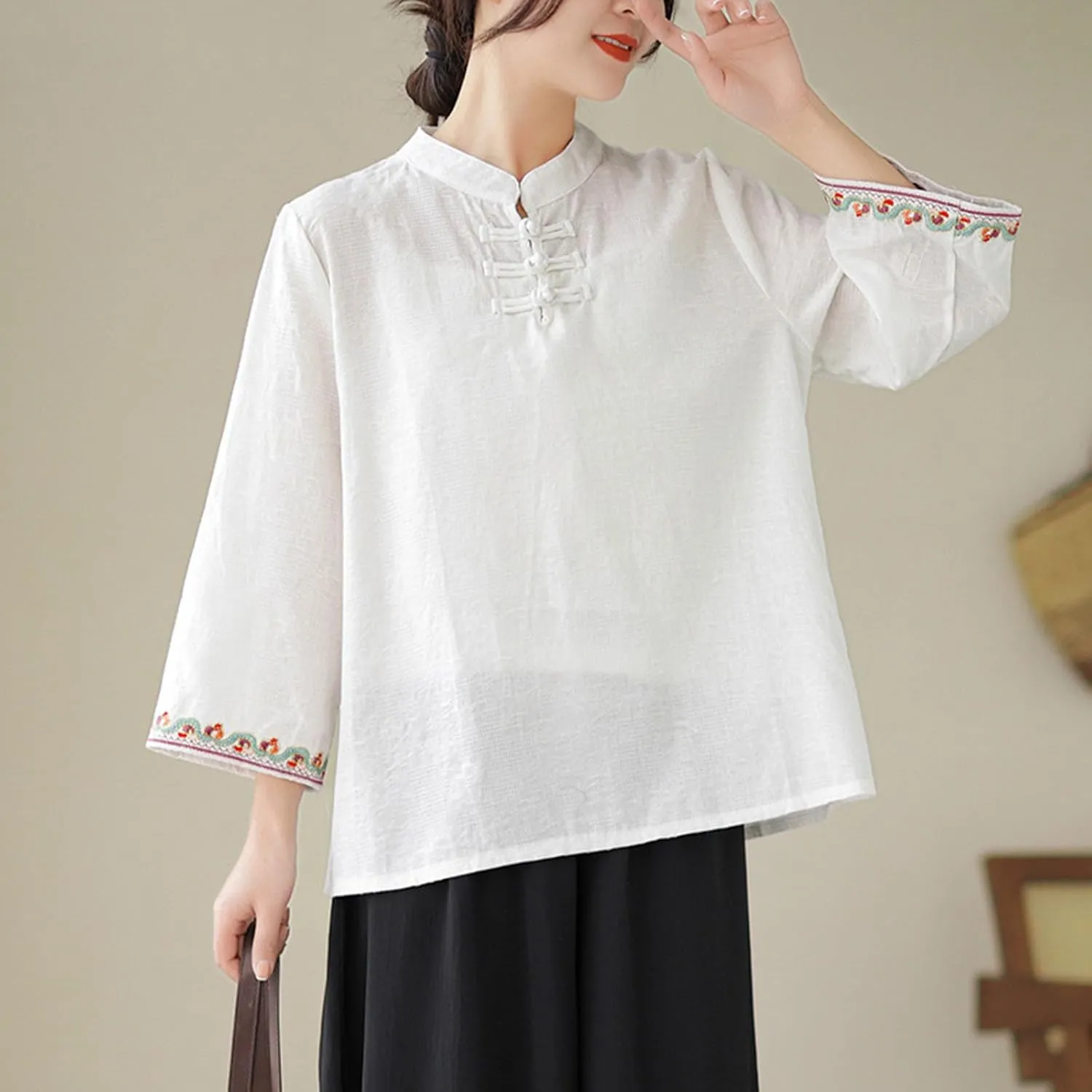 Women's Linen Retro Chinese Frog Button Tops Mandarin Collar Blouse Embroidery Long Sleeve Shirts Trendy