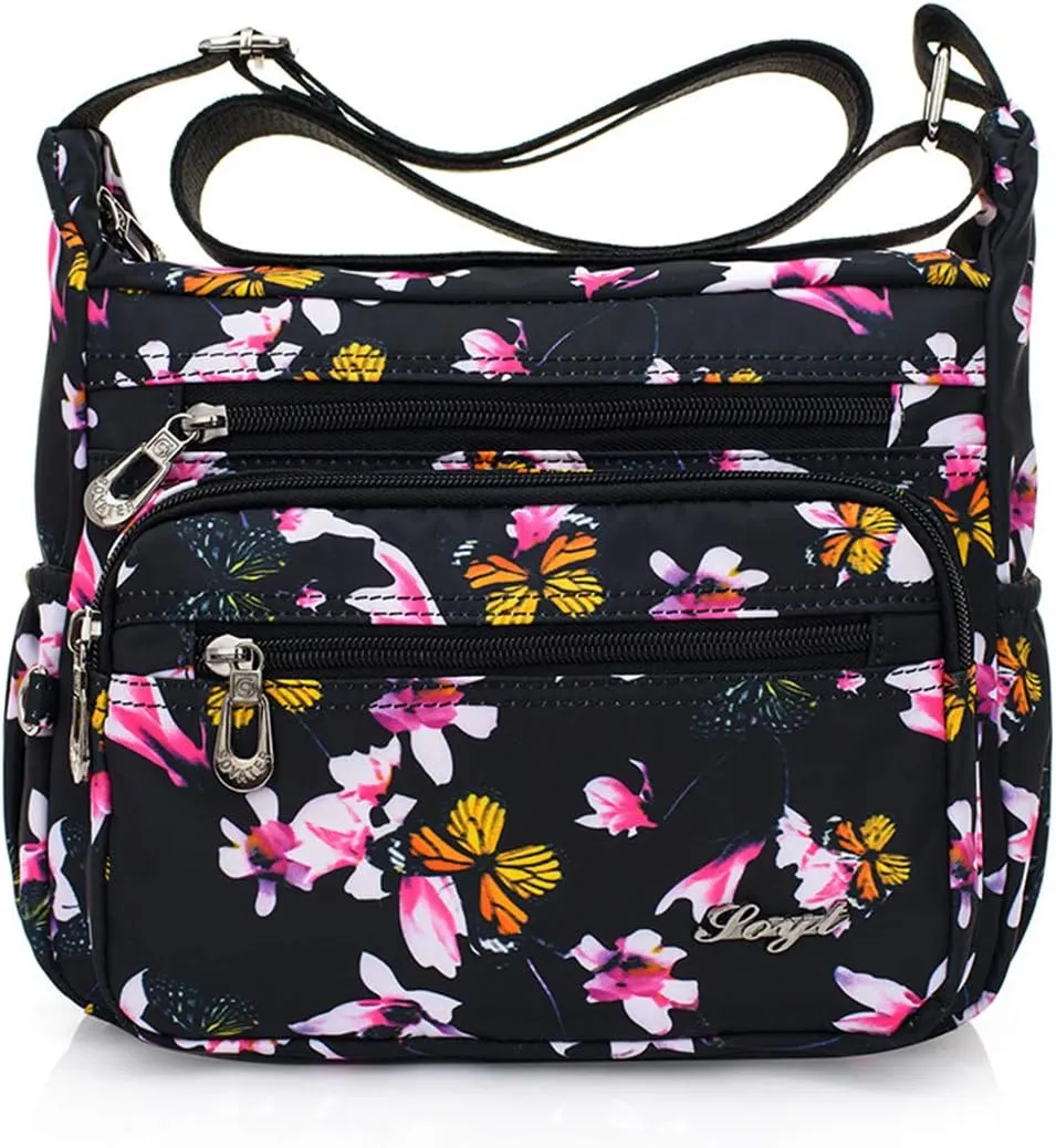 Womens Nylon Floral Shoulder Bag Crossbody Bag Messenger Bags Travel Handbags With Adjustable Strap Waterproof