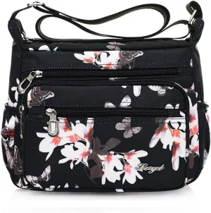 Womens Nylon Floral Shoulder Bag Crossbody Bag Messenger Bags Travel Handbags With Adjustable Strap Waterproof