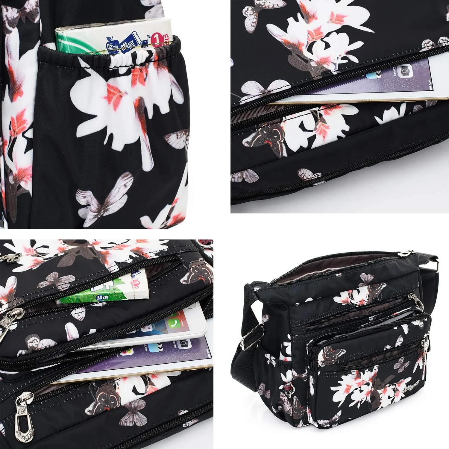 Womens Nylon Floral Shoulder Bag Crossbody Bag Messenger Bags Travel Handbags With Adjustable Strap Waterproof