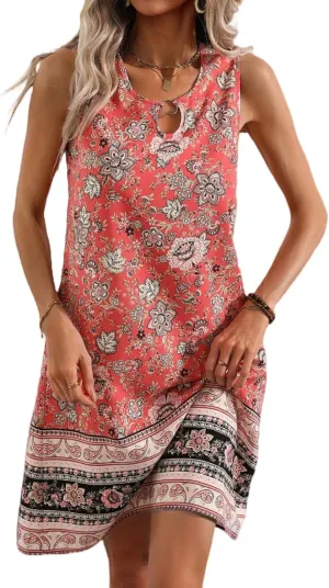 Women's Print Short Dresses, 2025 Summer Sundress, U-Collar Sleeveless Mini Dress