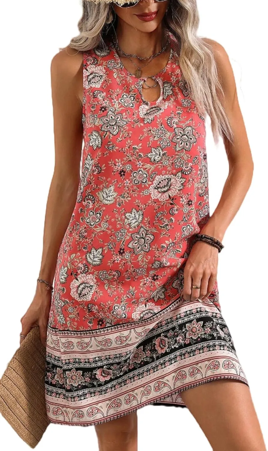 Women's Print Short Dresses, 2025 Summer Sundress, U-Collar Sleeveless Mini Dress