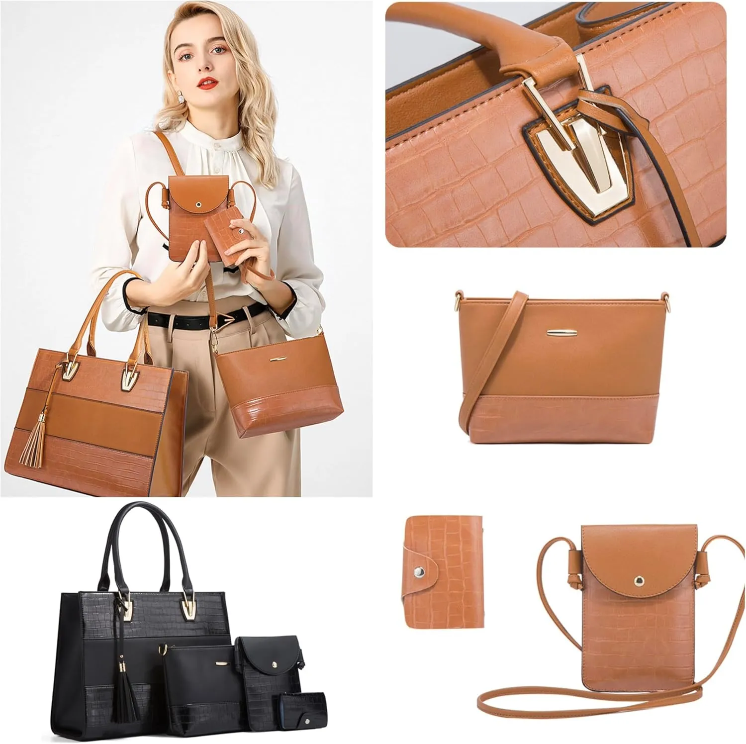 Women's Satchel Handbag, Lady Satchel Purse Vegan Leather HandBags, Top Handle Purse Set 4PCS