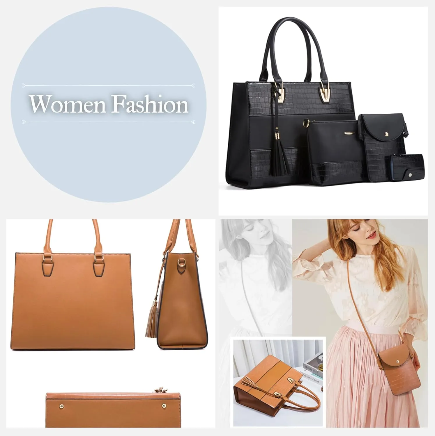 Women's Satchel Handbag, Lady Satchel Purse Vegan Leather HandBags, Top Handle Purse Set 4PCS
