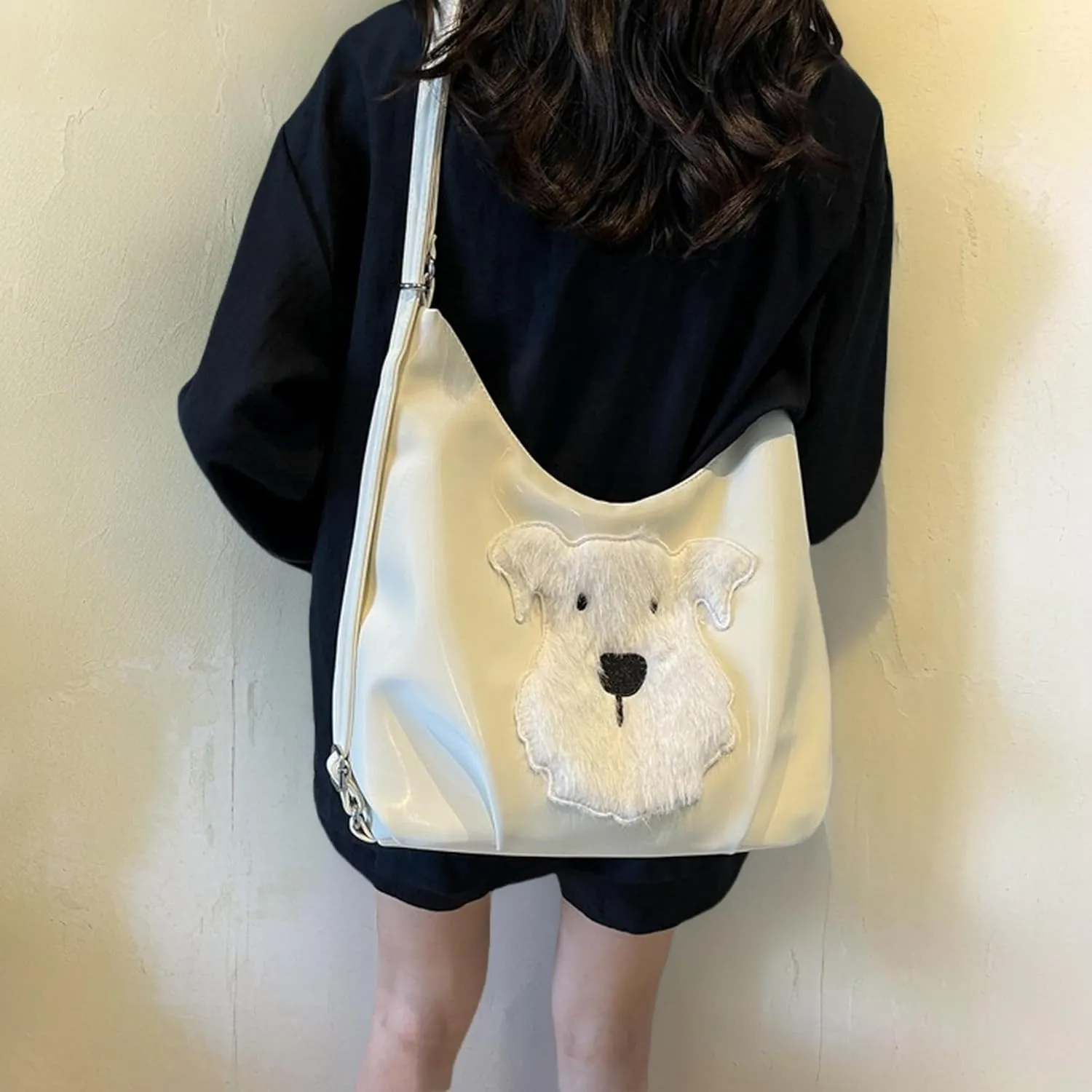 Women's Silk Luster PU Leather Shoulder Bag Hobo Purse Backpack with Cute Furry Animal Pattern (White)