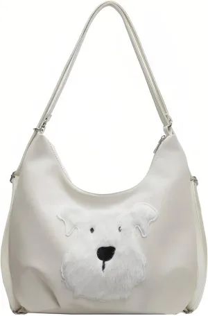 Women's Silk Luster PU Leather Shoulder Bag Hobo Purse Backpack with Cute Furry Animal Pattern (White)