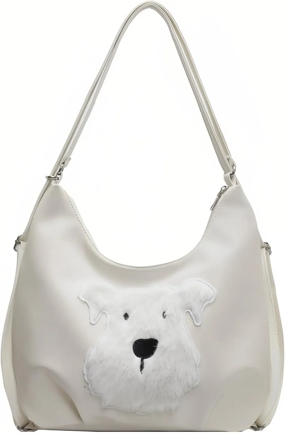 Women's Silk Luster PU Leather Shoulder Bag Hobo Purse Backpack with Cute Furry Animal Pattern (White)