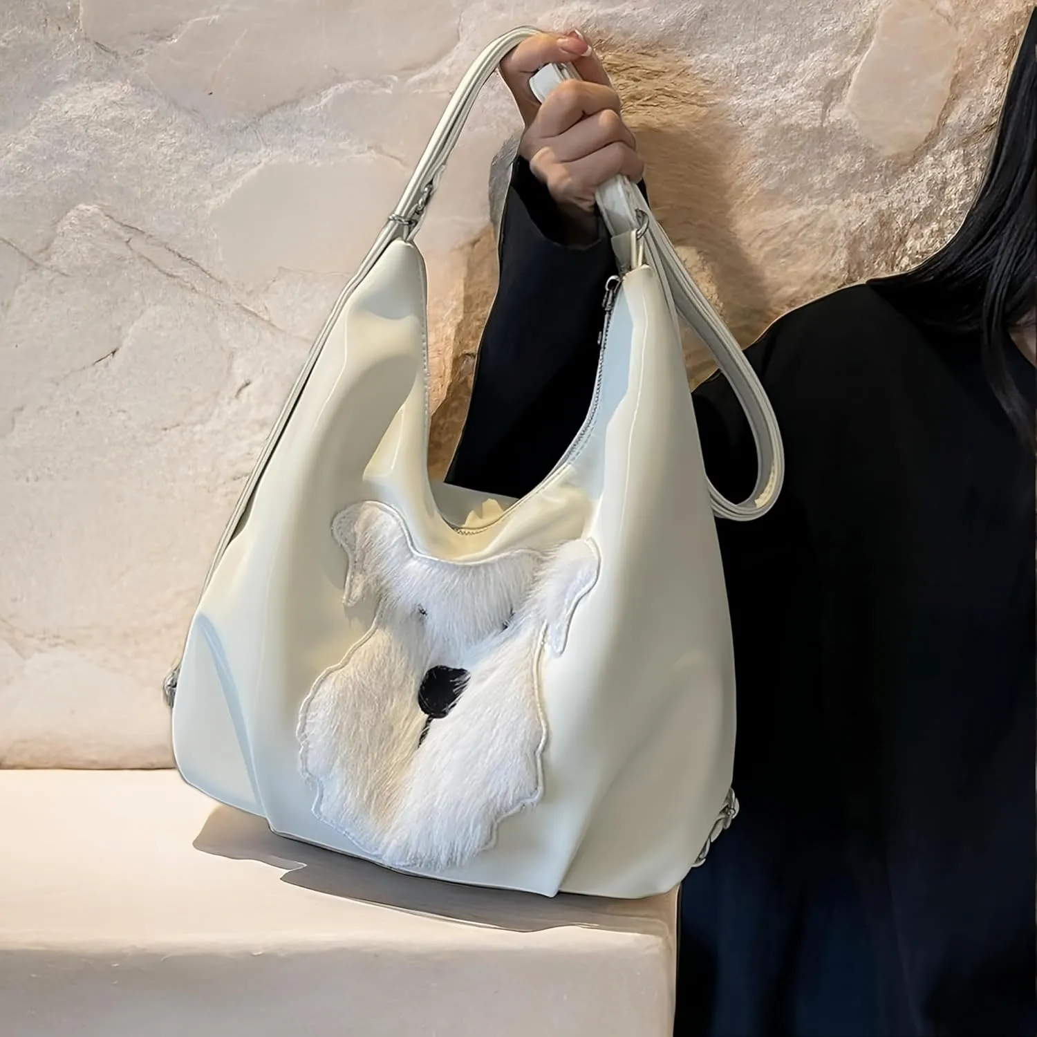 Women's Silk Luster PU Leather Shoulder Bag Hobo Purse Backpack with Cute Furry Animal Pattern (White)
