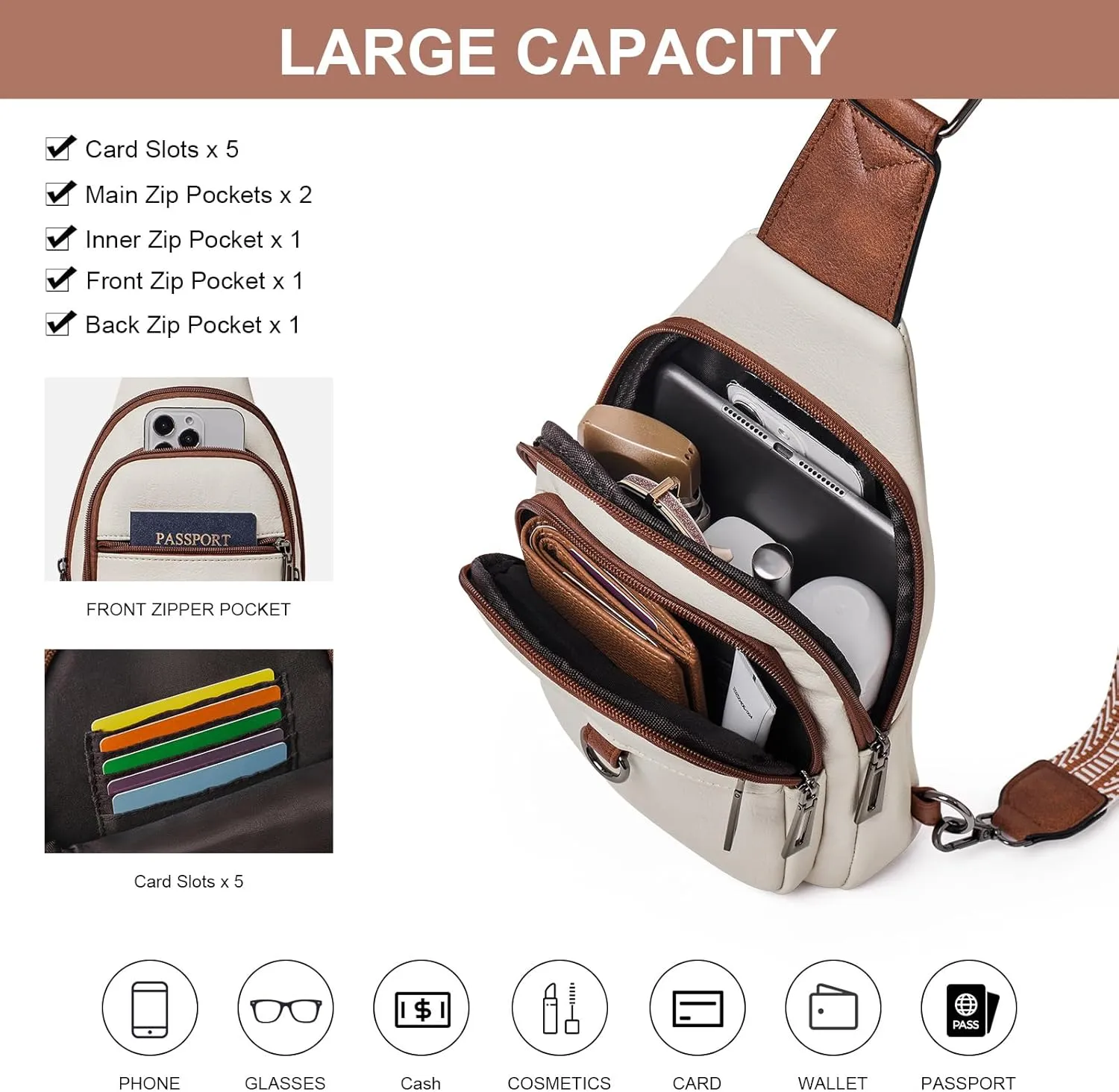 Womens Sling Bag Crossbody Bags for Women Vegan Leather Sling Backpack Daypack Fanny Pack Crossbody Purse Travel