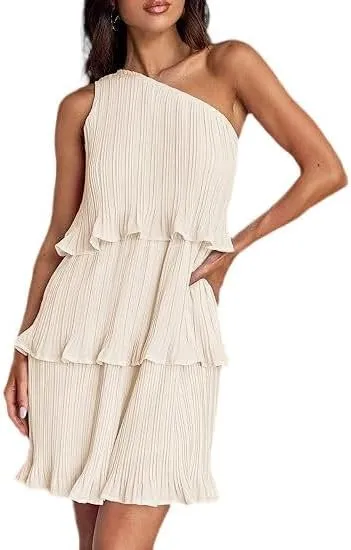 Women's Summer Cake Dress, Diagonal Shoulder Dress, Layered Stitching Hem and Solid Color Dresses