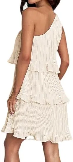 Women's Summer Cake Dress, Diagonal Shoulder Dress, Layered Stitching Hem and Solid Color Dresses