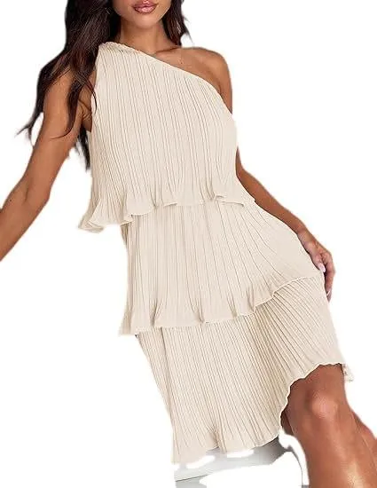 Women's Summer Cake Dress, Diagonal Shoulder Dress, Layered Stitching Hem and Solid Color Dresses