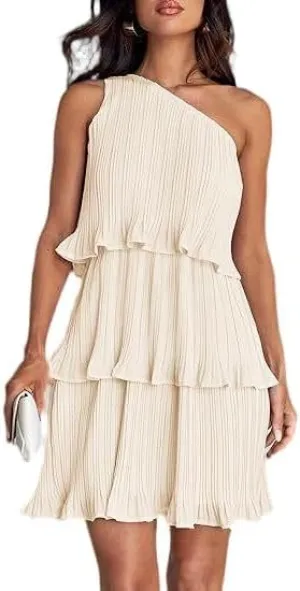 Women's Summer Cake Dress, Diagonal Shoulder Dress, Layered Stitching Hem and Solid Color Dresses