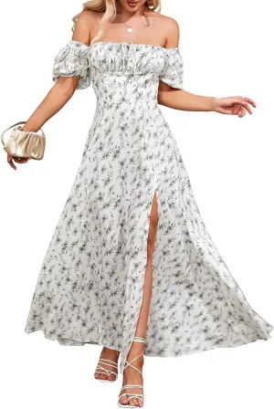 Women's Summer Puff Sleeve Floral Split Maxi Dress Flowy A Line Casual Beach Long Dresses 2025