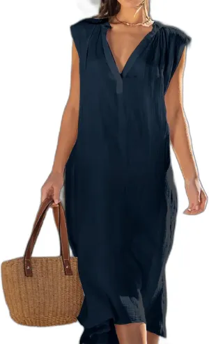 Women's Summer Sleeveless Linen Tank Dress, Loose A-Line Tiered Tunic Beach Dress Casual Deep V-Neck Solid Color Dress