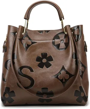 Women's Top Handle Handbags Floral Embossed Tote Bag Vintage Vegan Leather Trendy Bucket Shoulder Satchel Purses