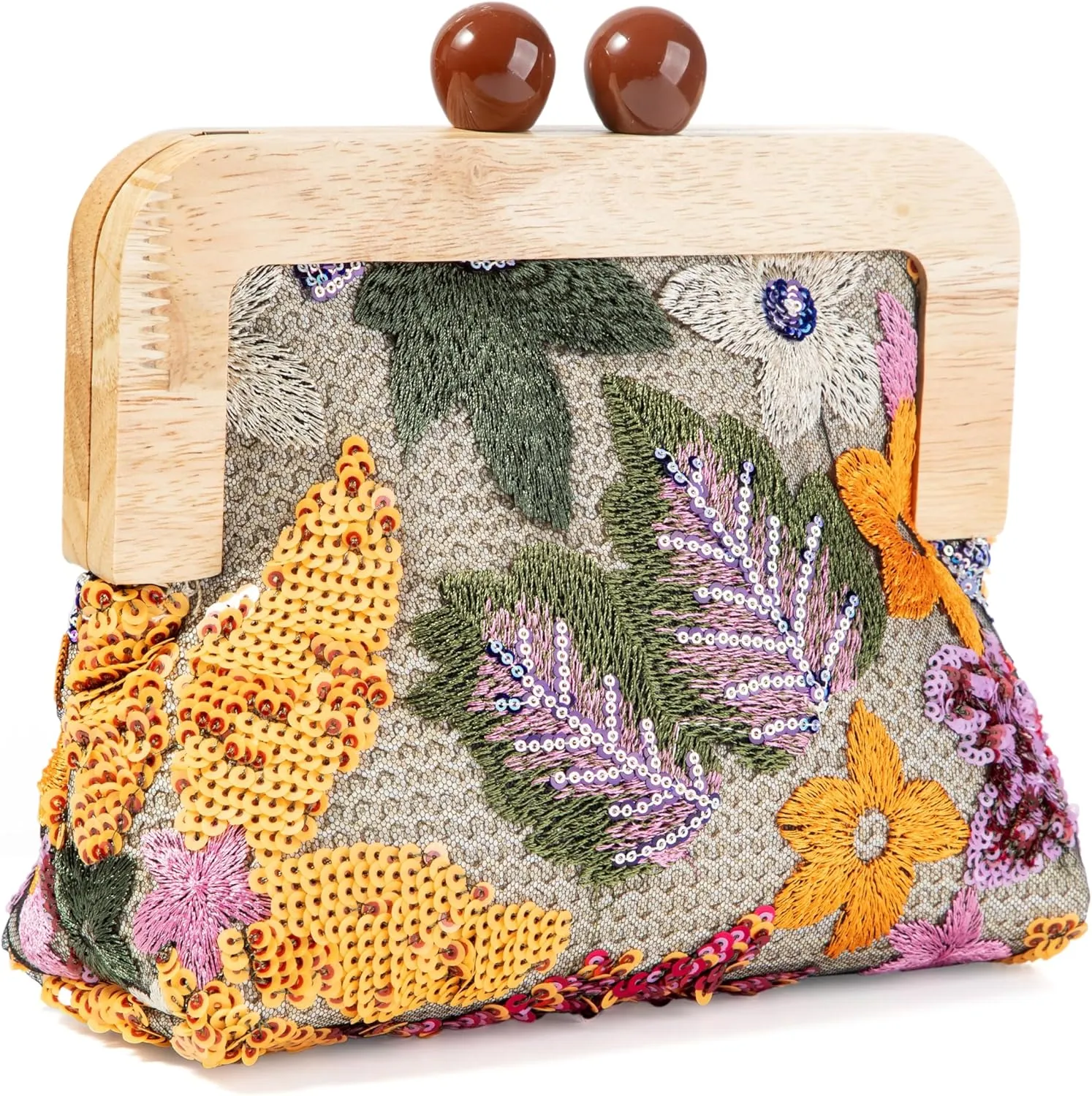 Wooden Handle Sequin Embroidered Floral Handbag with Detachable Shoulder Strap Evening Purse for Wedding Party