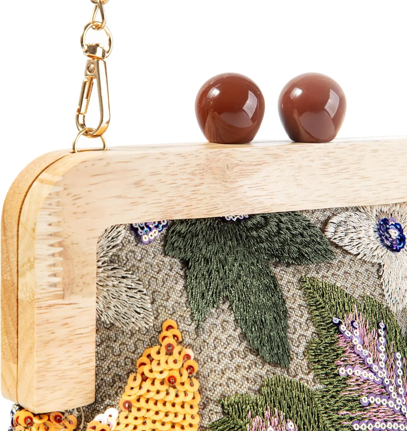 Wooden Handle Sequin Embroidered Floral Handbag with Detachable Shoulder Strap Evening Purse for Wedding Party