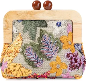 Wooden Handle Sequin Embroidered Floral Handbag with Detachable Shoulder Strap Evening Purse for Wedding Party