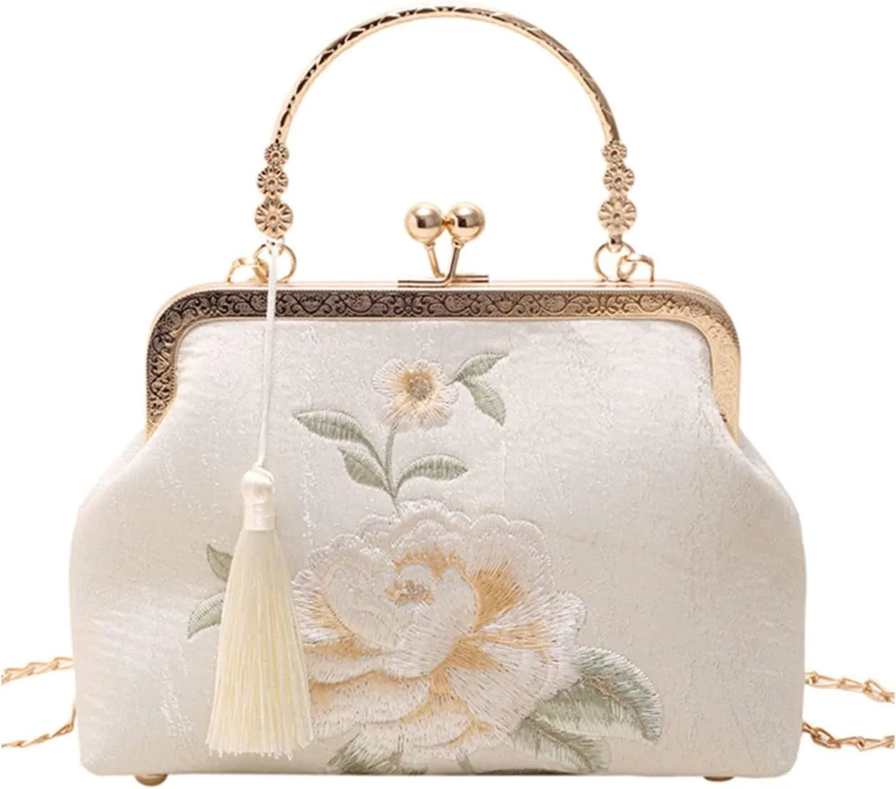 YeBon Retro Shoulder Chain Messenger Clutch Chinese Style Embroidered Elegant White Peony Flower Women's Evening Bags