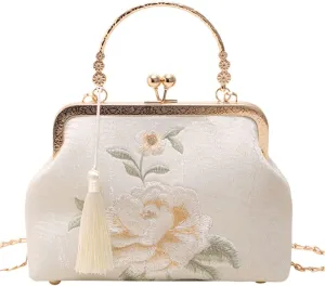 YeBon Retro Shoulder Chain Messenger Clutch Chinese Style Embroidered Elegant White Peony Flower Women's Evening Bags