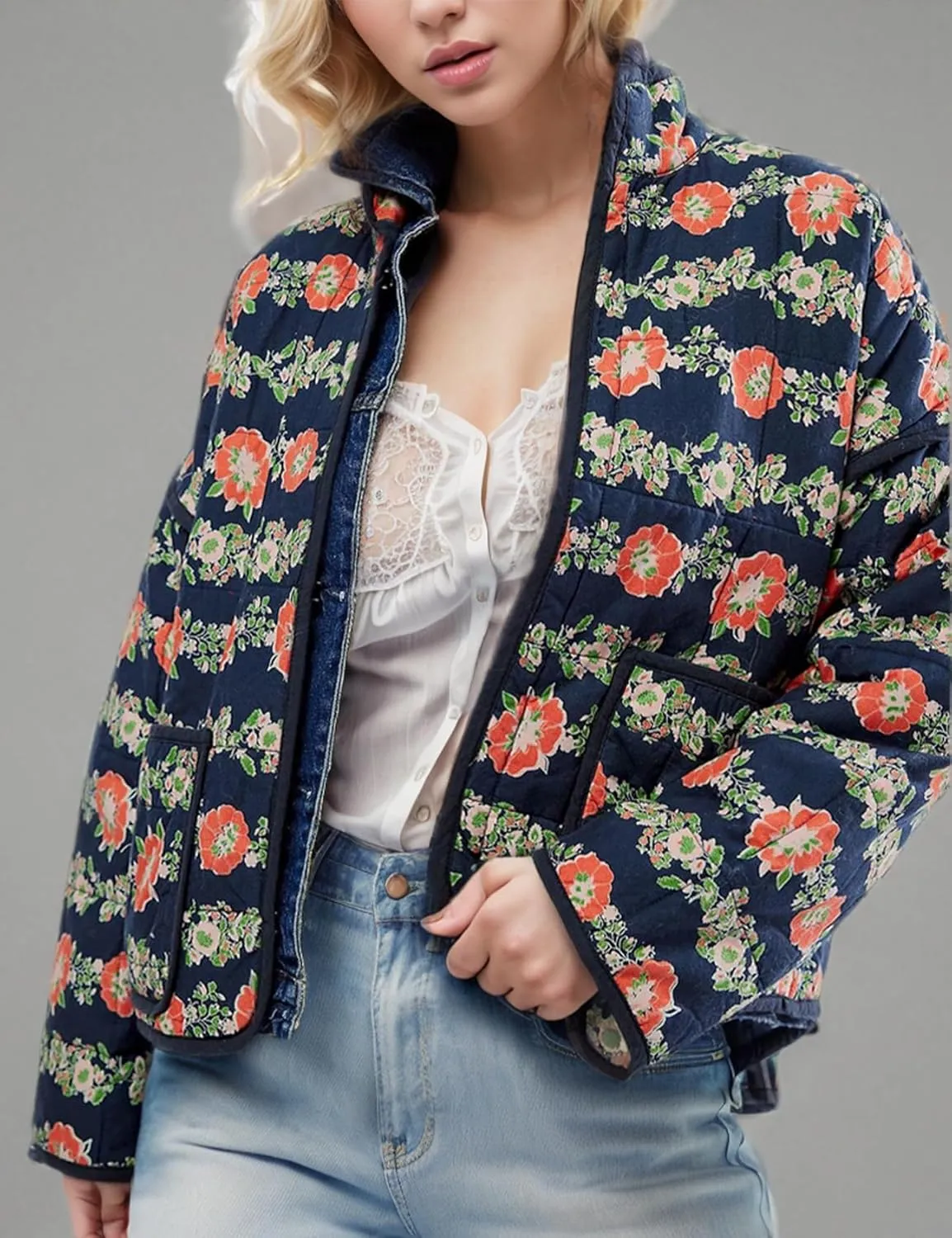 Yimoon Women's Cropped Puffer Quilted Jacket Vintage Floral Print Open Front Lightweight Short Jacket Outwear