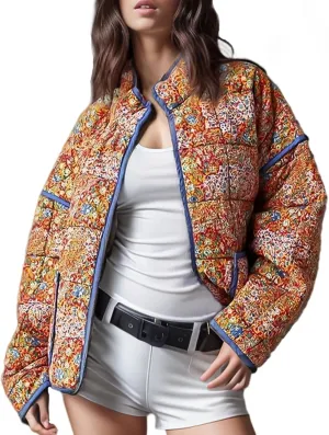 Yimoon Women's Cropped Puffer Quilted Jacket Vintage Floral Print Open Front Lightweight Short Jacket Outwear
